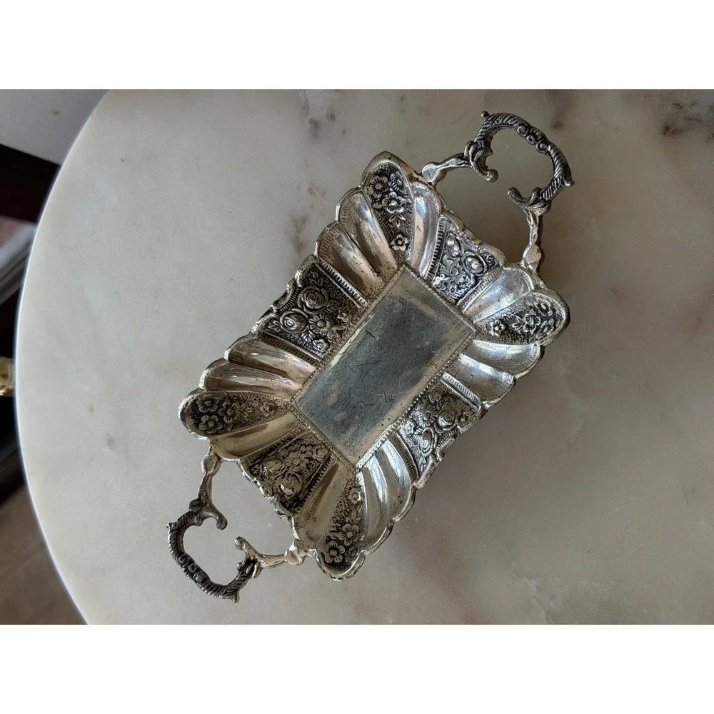 Two's Company Trinket Tray Small Silver Floral Repousse Footed Scrolled Handle